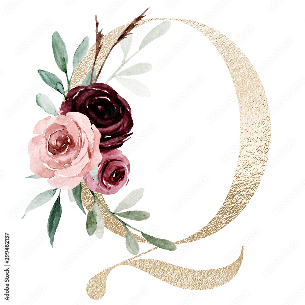 Sticker floral alphabet, letter q with watercolor flowers and leaf. gold monogram initials perfectly for wed - Stickers