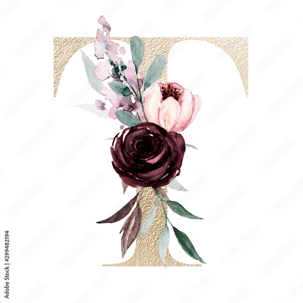 Sticker floral alphabet, letter t with watercolor flowers and leaf. gold monogram initials perfectly for wed - Stickers