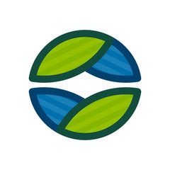 Eco flat circle logo formed by twisted green leaves and blue drops.