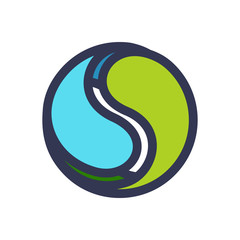 Eco flat circle logo formed by twisted green leaves and blue drops.