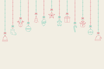 Christmas card with hanging icons. Xmas decoration. Vector