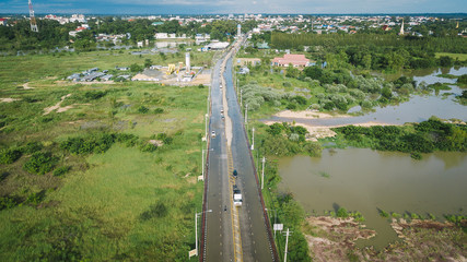 High-angle view of the Great Flood, Meng District, Ubon Ratchathani Province, Thailand, on September 10, 2019, is a photograph from real flooding. With a slight color adjustment