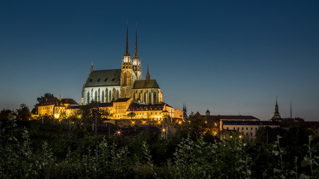 Brno Petrov - beautiful night photo (captured during blue hour). The Cathedral of Saints Peter and Paul, Czech Republic, Europe. Background HD. Wallpaper 4k.