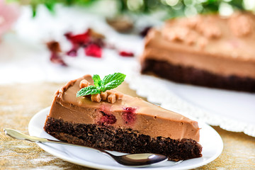 Delicious caramel cake on white plate. Finest piece of chocolate tart and mint on top.