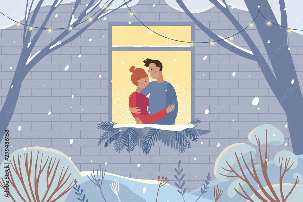 Poster vector illustration in flat simple style - couple spending time together inside cozy home in winter 