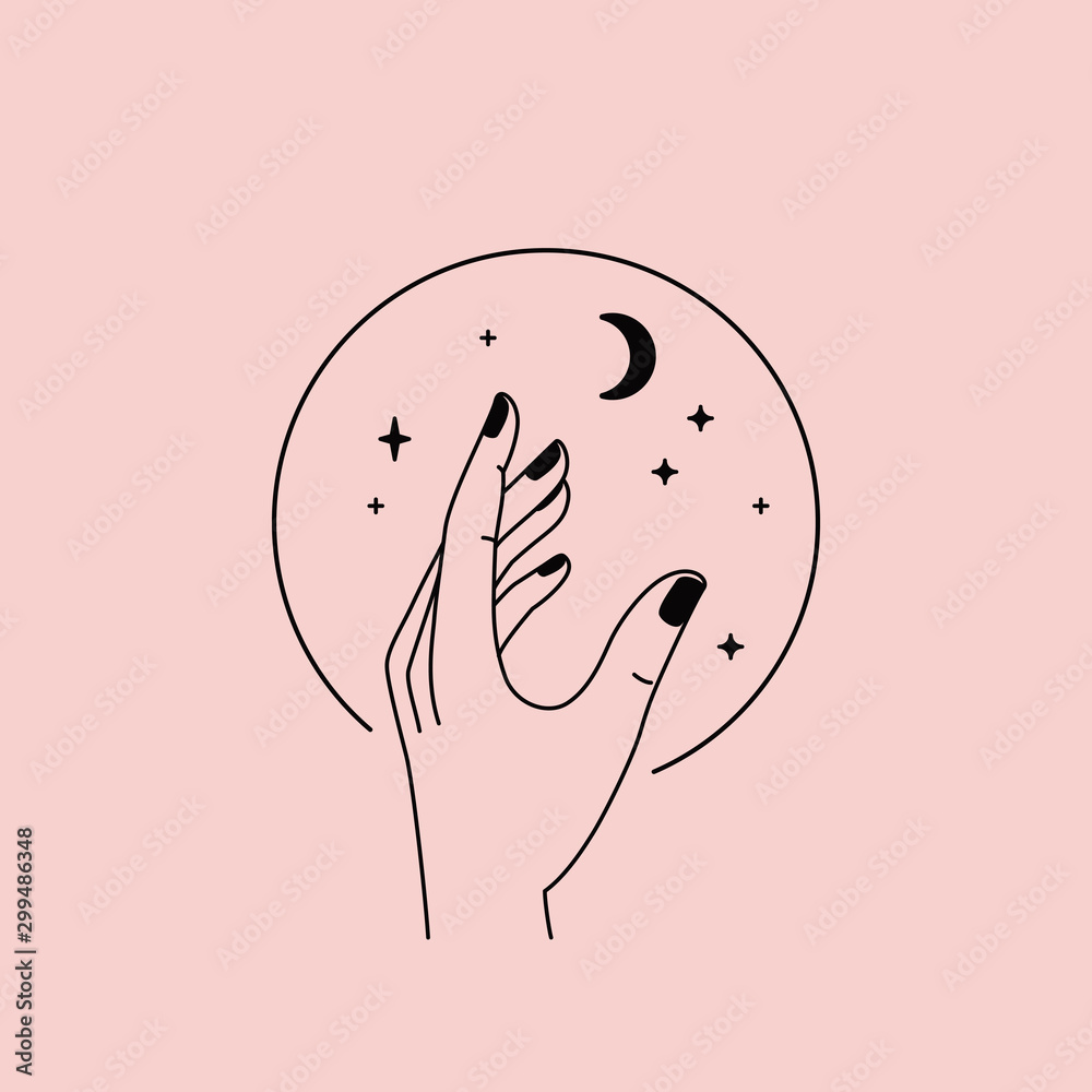 Poster Vector abstract logo design template in trendy linear minimal style - hands and stars