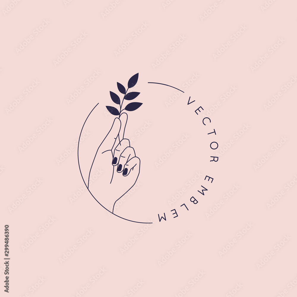 Poster Vector abstract logo and branding design template in trendy linear minimal style - hand holding leaf- concept for natural beauty