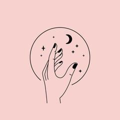 Vector abstract logo design template in trendy linear minimal style - hands and stars