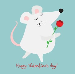 Vector illustration card with cute cartoon little Valentine mouse in love with flower