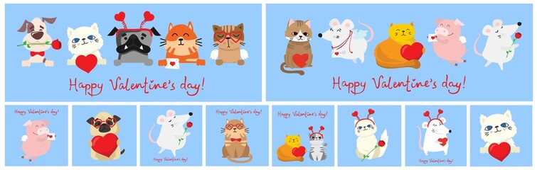 Vector illustration card with cute cartoon little Valentine cats, dogs, rats in love and funny greeting text Happy Valentine's Day