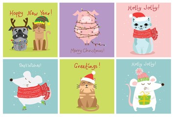 Vector illustration of christmas cats, rats, pigs and dogs with Christmas and new year greetings. Cute pets with holiday hats