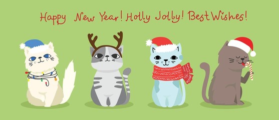 Vector illustration of christmas cats with Christmas and new year greetings. Cute pets with holiday hats