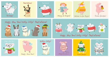 Vector illustration of christmas cats, rats, pigs and dogs with Christmas and new year greetings. Cute pets with holiday hats