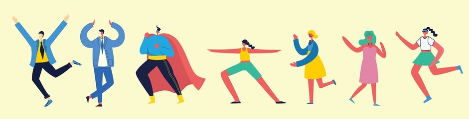 Concept of young people jumping and dancing on the light background. Stylish modern vector illustration card with happy male and female teenagers