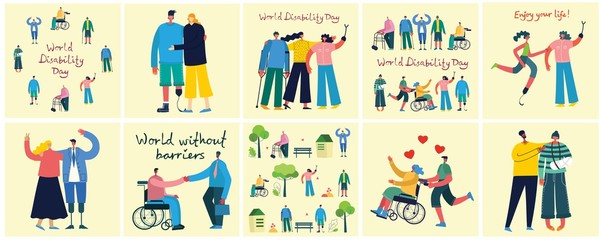 Vector backgrounds with disabled people, young invalid persons and men and women helping. World without barriers. Flat cartoon characters.