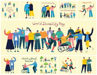 Vector backgrounds with disabled people, young invalid persons and men and women helping. World without barriers. Flat cartoon characters.