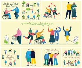 Vector backgrounds with disabled people, young invalid persons and men and women helping. World without barriers. Flat cartoon characters.
