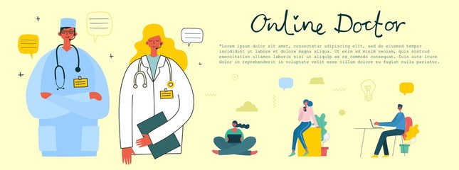 Online doctor concept. Medical modern flat vector concept digital illustration of male doctor with headset talking on the phone for a medical consultation.