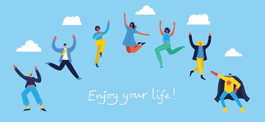 Concept of young people jumping on blue background. Stylish modern vector illustration card with happy female and male teenagers and hand drawing quote Enjoy your life