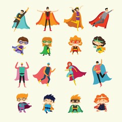 Vector illustrations in flat design of female, male and children superheroes in funny comics super costume