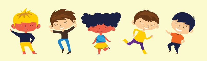 Happy kids cartoon collection. Multicultural children in different positions isolated on light background