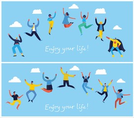 Fototapeta na wymiar Concept of young people jumping on blue background. Stylish modern vector illustration card with happy female and male teenagers and hand drawing quote Enjoy your life