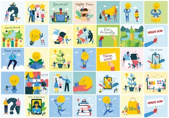 Fototapeta premium Bundle of cartoon men and women performing outdoor activities on city street. Flat colorful vector illustration people walking, disabled people, standing, talking, running, jumping, sitting, dancing