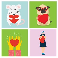 Vector illustration cards with cute cartoon little Valentine cats, dogs, rats in love and funny greeting text Happy Valentine's Day