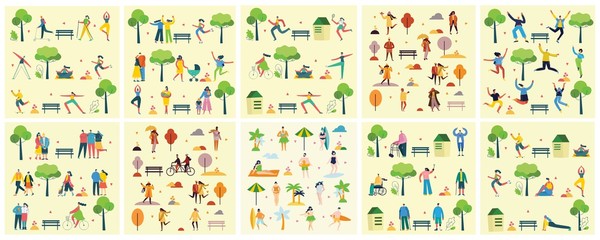 Concept of young peoplewalking, running and jumping in the park. Stylish modern vector illustration card with happy male and female teenagers