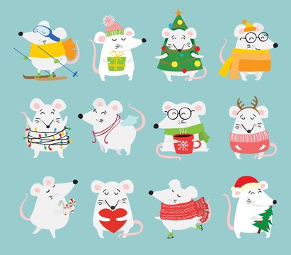 New year and Christmas rat set - symbol of the year. Simple illustration for the greeting cards