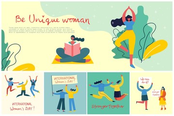 Concept of women unique background. Stylish modern vector illustration card with happy female woman and hand drawing quote Be unique