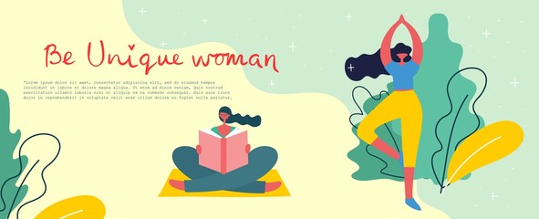 Concept of women unique background. Stylish modern vector illustration card with happy female woman and hand drawing quote Be unique