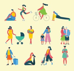 Colorful vector illustration concept set of different activities of women for Happy Women's internarional day cards, posters and banners . Group of happy female friends, mothers in flat design