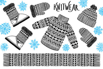 I love Winter Knitwear. Sweater, hat, mitten, boot, scarf with patterns, snowflakes. Winter sale shopping concept to design banners, price or label. Isolated vector illustration - 299487550