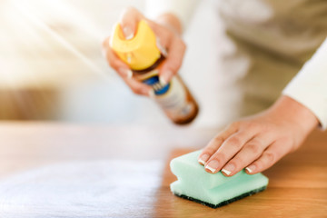 Woman use green sponge for cleaning wood in modern kitchen. Cleaning old table with spray and cloth.
