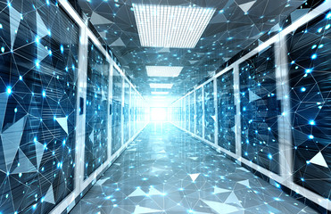 Fototapeta na wymiar Connection network in servers data center room storage systems 3D rendering