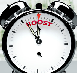 Boost soon, almost there, in short time - a clock symbolizes a reminder that Boost is near, will happen and finish quickly in a little while, 3d illustration