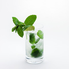 Cuban mojito cocktail with lime and mint on white background