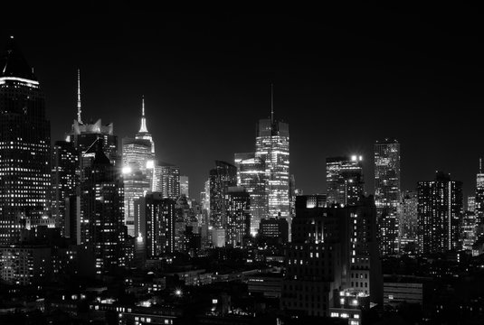 Night view of Midtown Manhattan and Hell's Kitchen, black and white