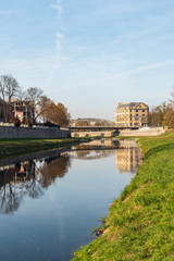 Ostravice river with Most Milose Sykory bridge in Ostrava city in Czech republic