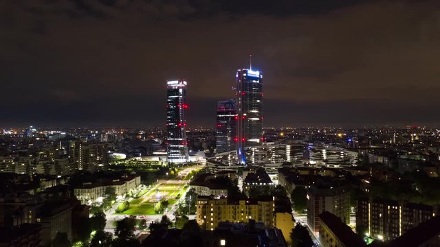 Aerial Time Lapse In Motion Or Hyperlapse Of Night Milano, Italy