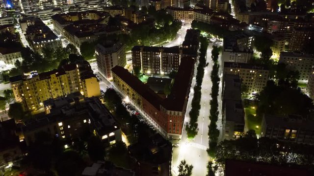 Aerial Time Lapse In Motion Or Hyperlapse Of Night Milano, Italy