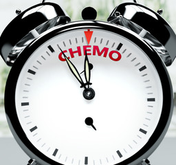 Chemo soon, almost there, in short time - a clock symbolizes a reminder that Chemo is near, will happen and finish quickly in a little while, 3d illustration