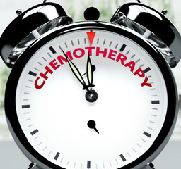 Chemotherapy soon, almost there, in short time - a clock symbolizes a reminder that Chemotherapy is near, will happen and finish quickly in a little while, 3d illustration