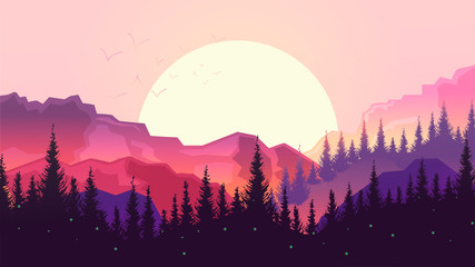 Sunset in the mountains, beautiful landscape, big sun, forest silhouette.