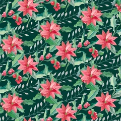 Foto auf Acrylglas Watercolor seamless pattern cute Christmas floral. Hand draw illustrations with branches, leaves, berries and flowers for the wrapping paper, textile fabric and wallpaper decor on color background. © Anna