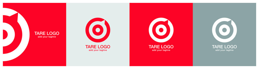 Target logo design on red, ash and grey backgournd. The logo represents Red aim, arrow, compass, speech bubble, Idea concept, perfect hit, winner, target goal icon. Corporate identity set.  - obrazy, fototapety, plakaty