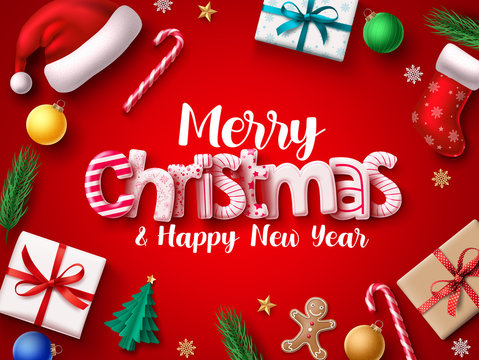 Christmas vector banner design. Merry chistmas greeting 3d realistic typography text with xmas decoration elements of santa hat, sock, gift, balls, candy cane, pine leaves, and gingerbread in red back