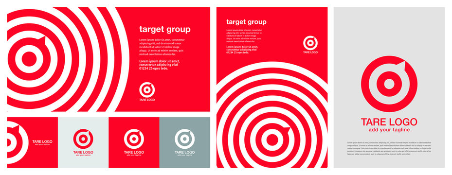 Target logo. Red aim, arrow, compass, speech bubble, Idea concept, perfect hit, winner, target goal icon. Success abstract logo. Corporate identity set. Poster design in horizontal and vertical.