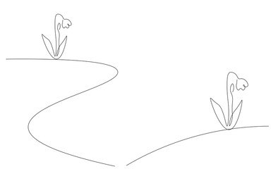 Spring background landscape with snowdrop one line drawing, vector illustration